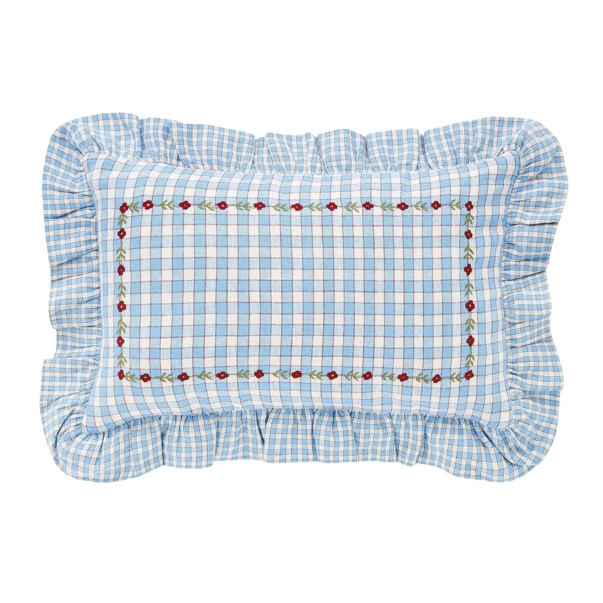 projektityyny Gingham Frill Embroidered Cushion, Cornflower