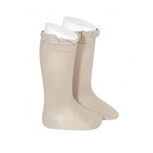 Condor Knee High Socks with Lace Edging in Piedra (stone)