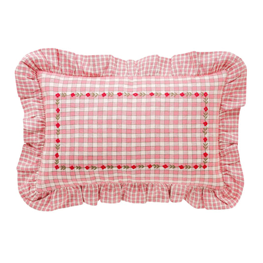 projektityyny Gingham Frill Embroidered Cushion, Peony