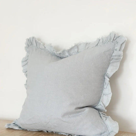 Ellenvale Interiors Stonewashed Linen Ruffle Cushion - Dusty Blue
