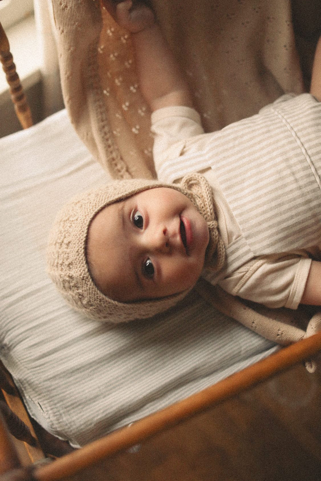 Blue Daisy Wares Eden Heirloom Knit Bonnet in Latte