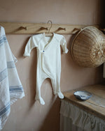 ferne baby Flap Footie - Milk with Blue Stitching