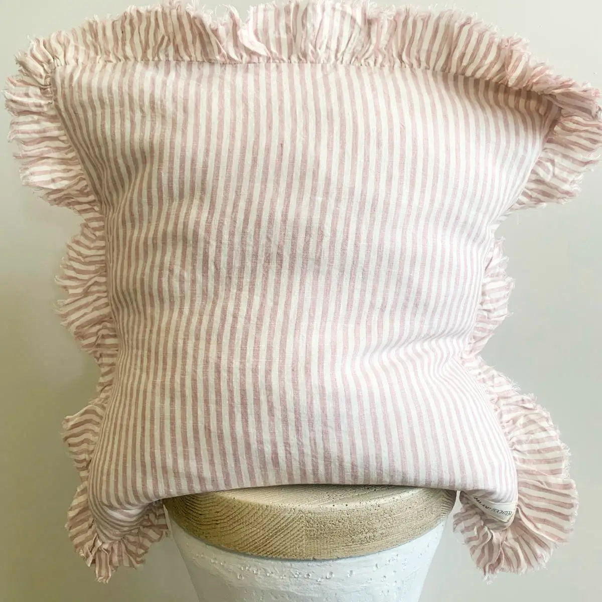 Mama and Tochter Pure French Linen Ruffle Cushion - Pink Pinstripes