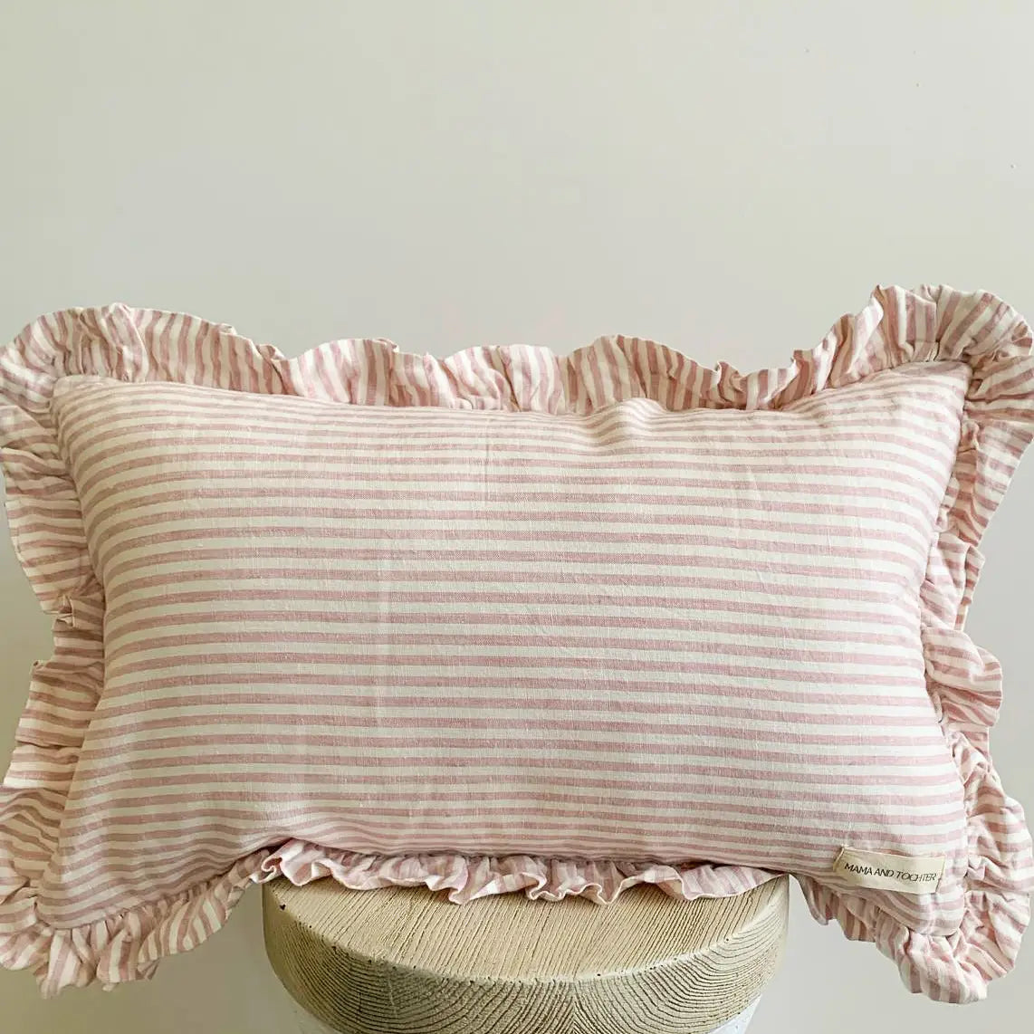 Mama and Tochter Pure French Linen Ruffle Lumbar - Pink Pinstripes