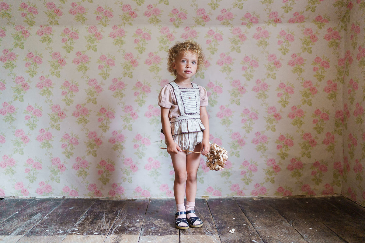 Little Cotton Clothes Dhalia Romper in Straw Check