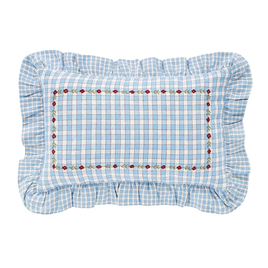 projektityyny Gingham Frill Embroidered Cushion, Cornflower