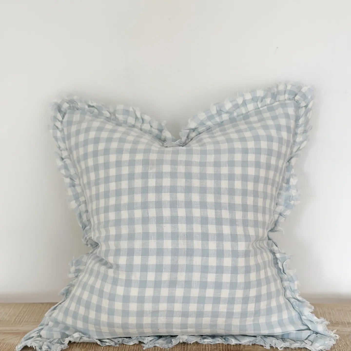 Ellenvale Interiors Stonewashed Linen Ruffle Cushion - Blue Gingham