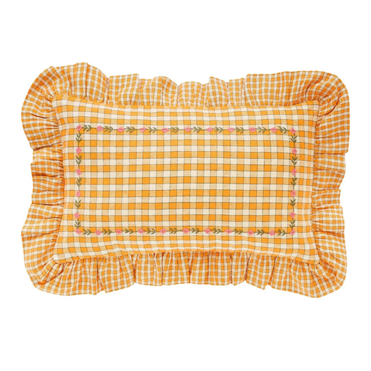 projektityyny Gingham Frill Embroidered Cushion, Apricot