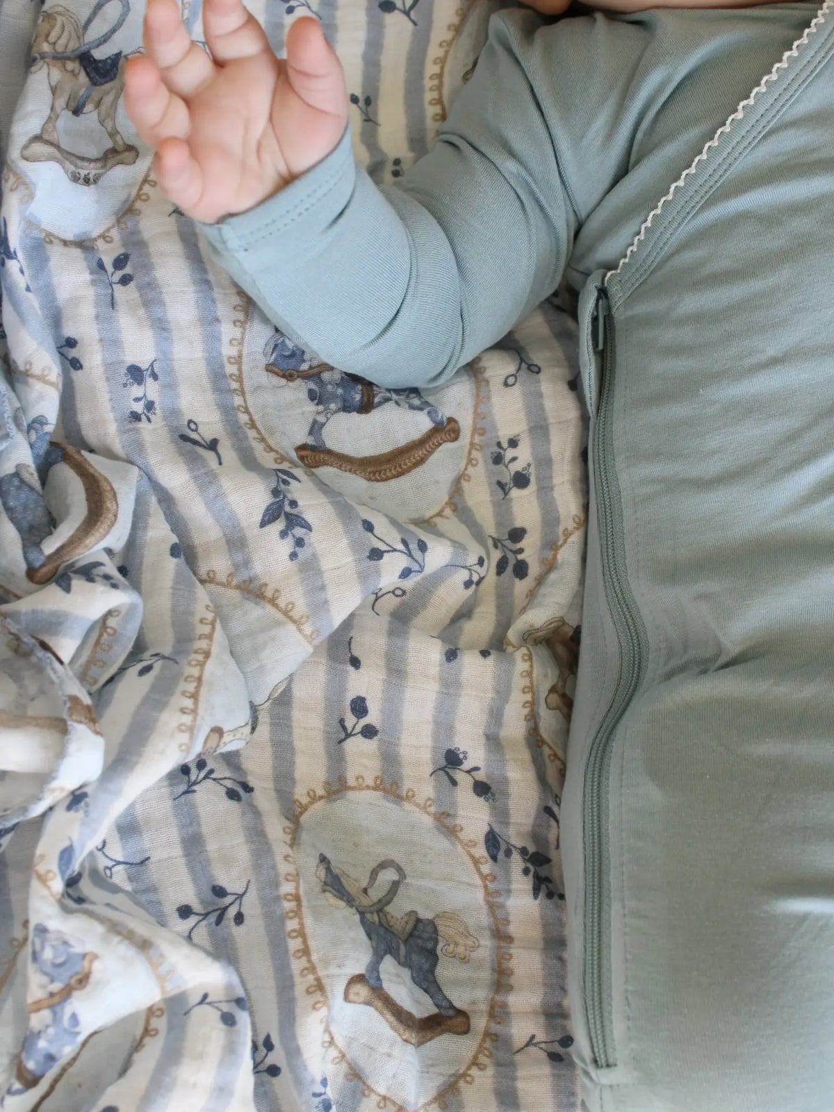 Little Threads Blue Rocking Horse Muslin Blanket