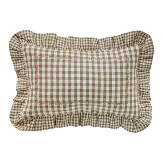 projektityyny Gingham Frill Embroidered Cushion, Olive