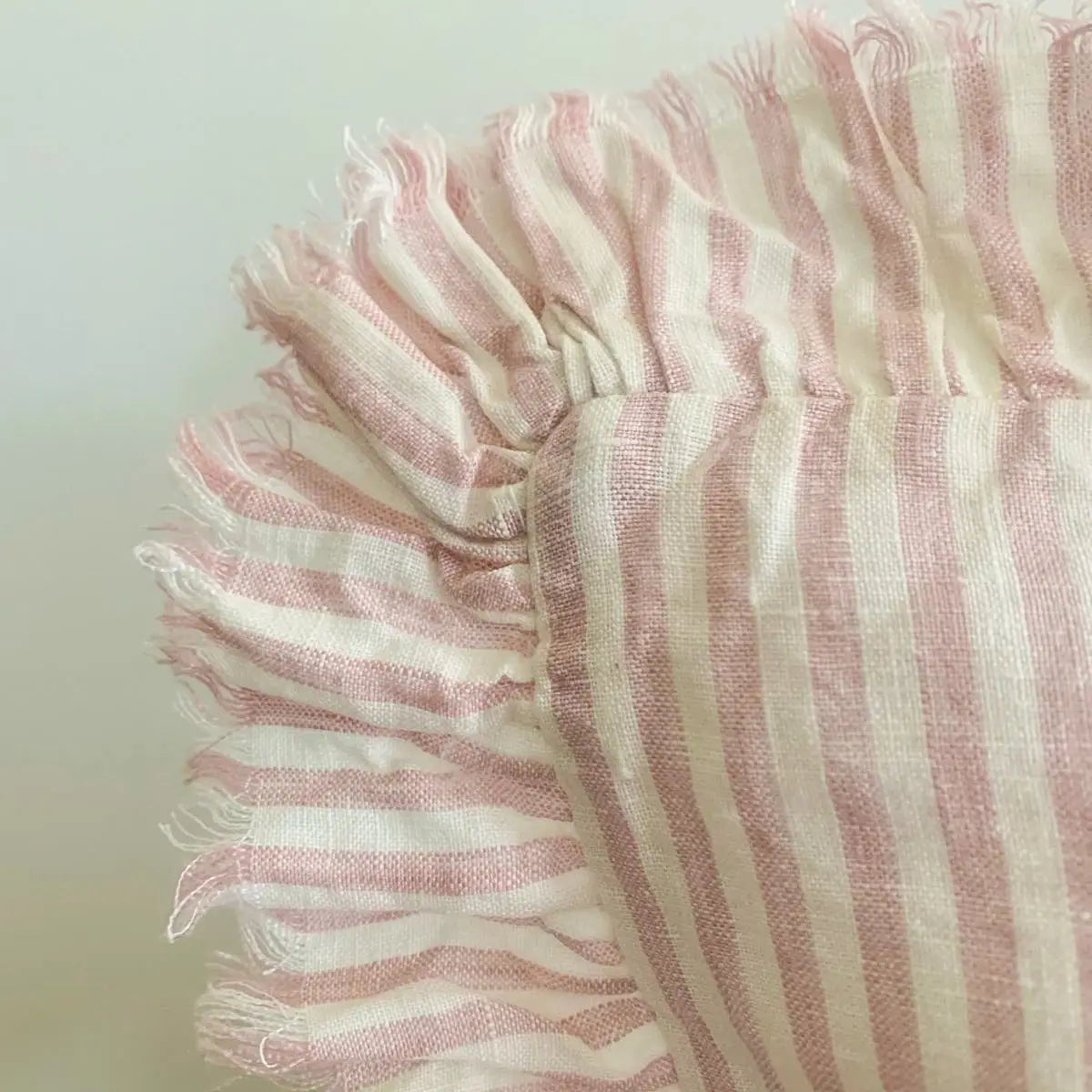 Mama and Tochter Pure French Linen Ruffle Cushion - Pink Pinstripes