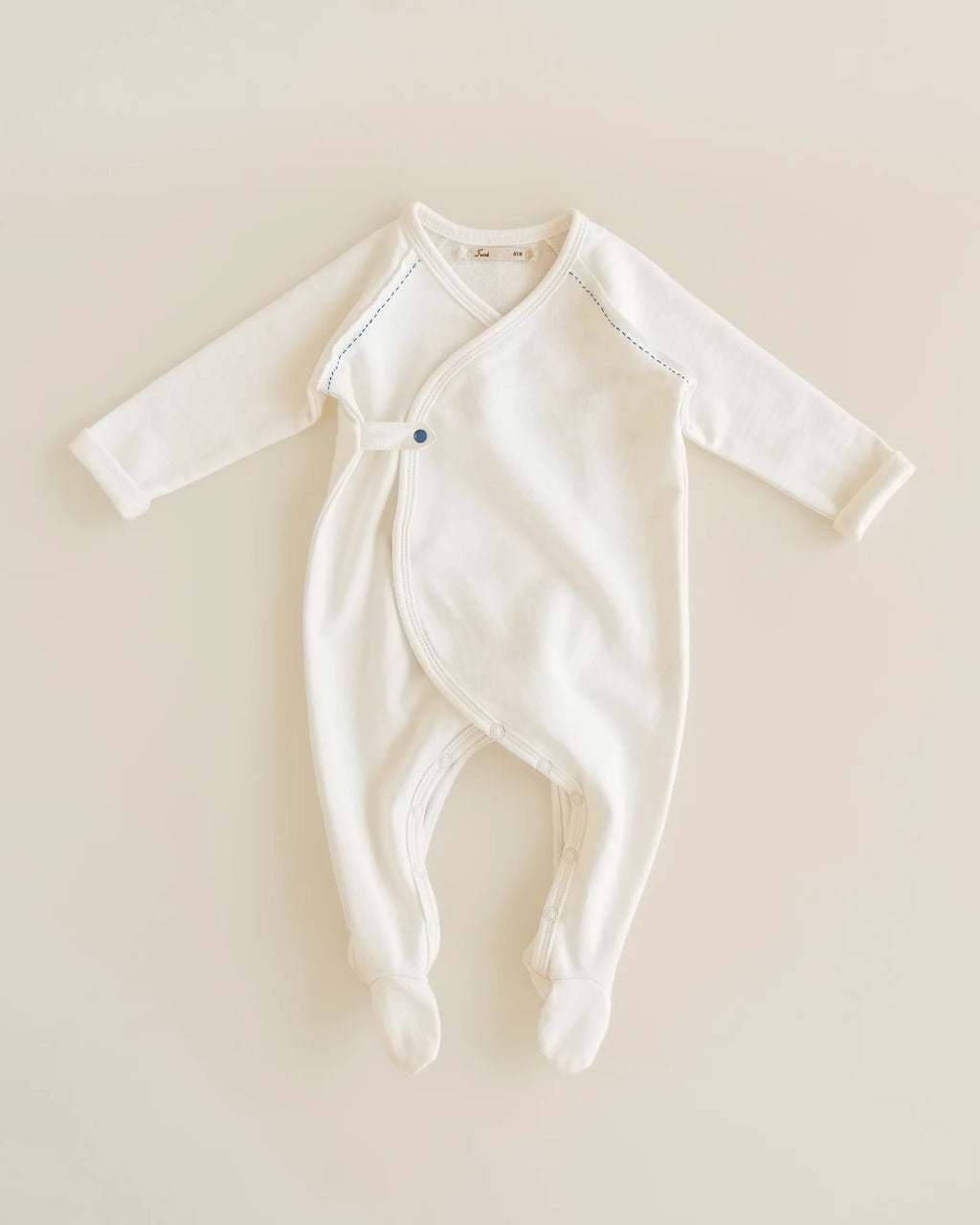 ferne baby Flap Footie - Milk with Blue Stitching