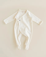 ferne baby Flap Footie - Milk with Blue Stitching