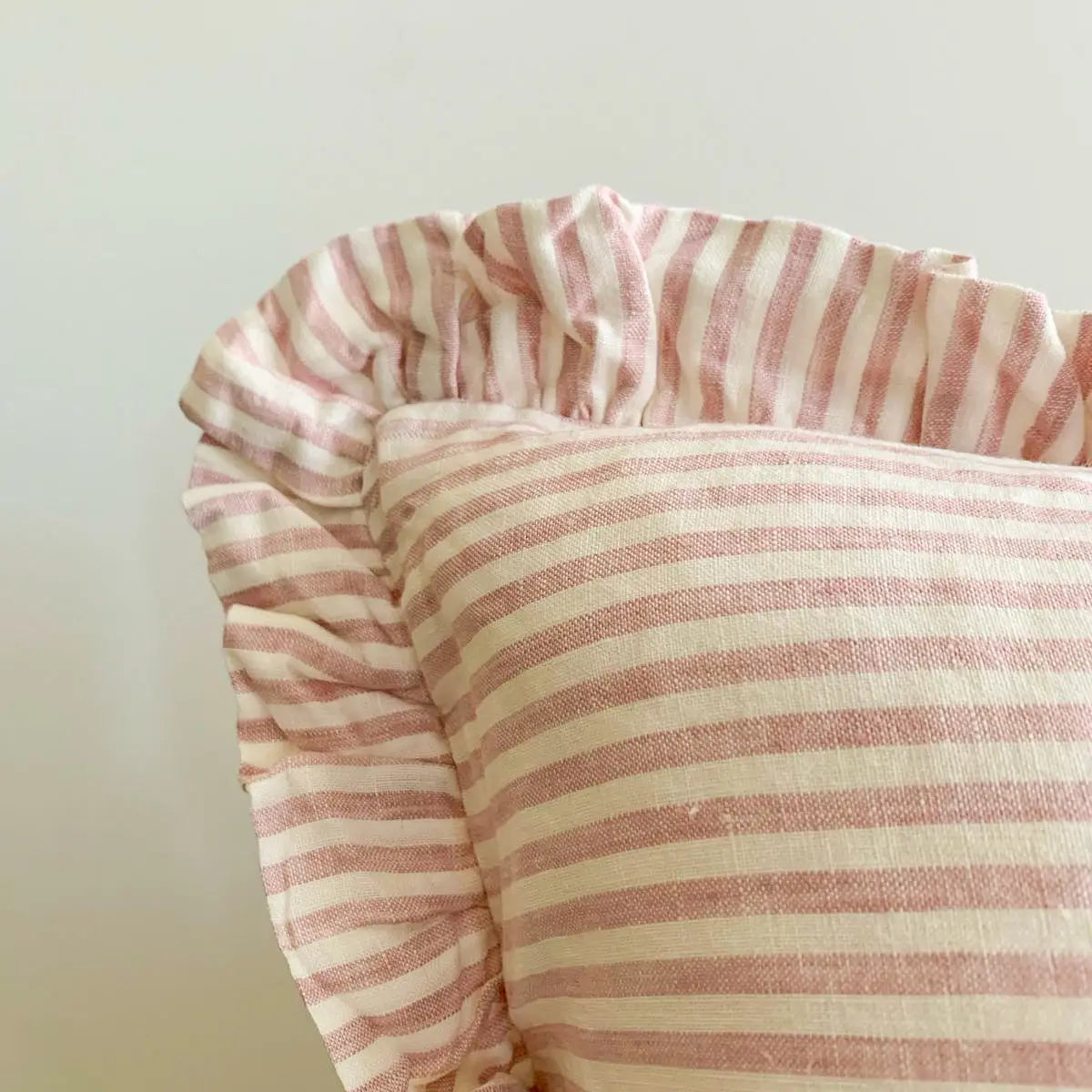 Mama and Tochter Pure French Linen Ruffle Lumbar - Pink Pinstripes