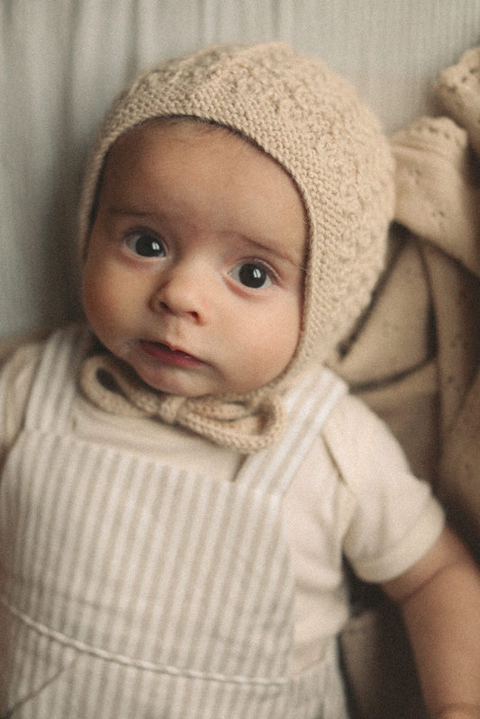 Blue Daisy Wares Eden Heirloom Knit Bonnet in Latte