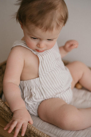 Charlie Romper in Oatmeal Stripes