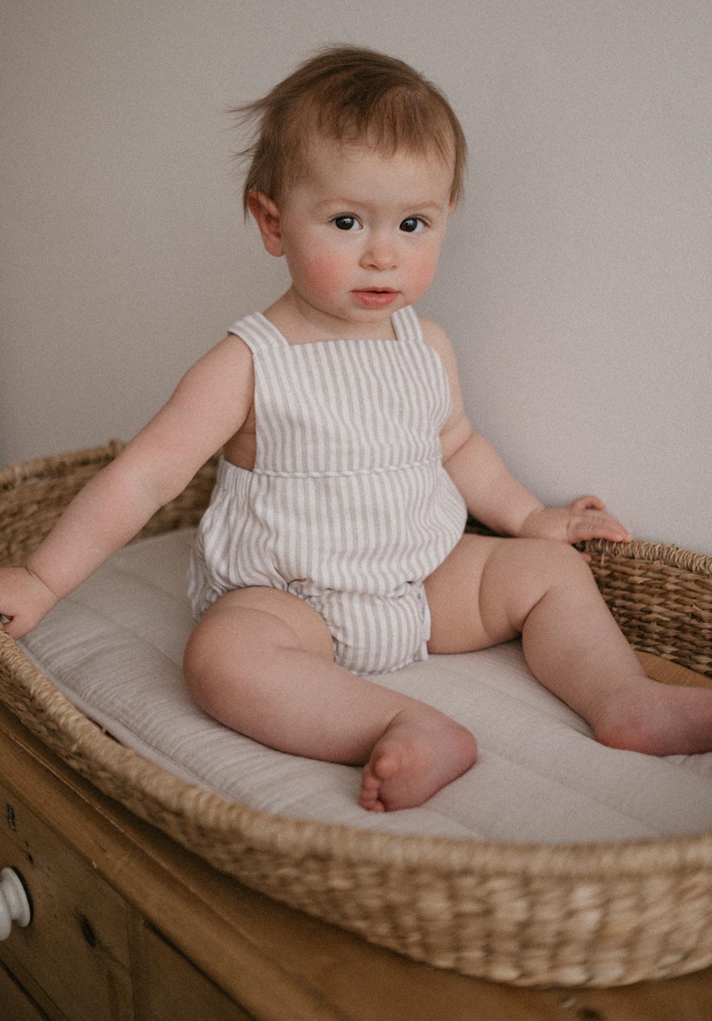 Charlie Romper in Oatmeal Stripes