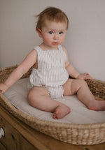 Charlie Romper in Oatmeal Stripes
