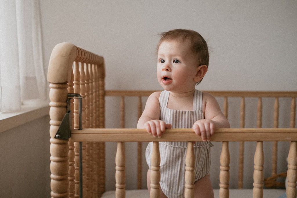 Charlie Romper in Oatmeal Stripes