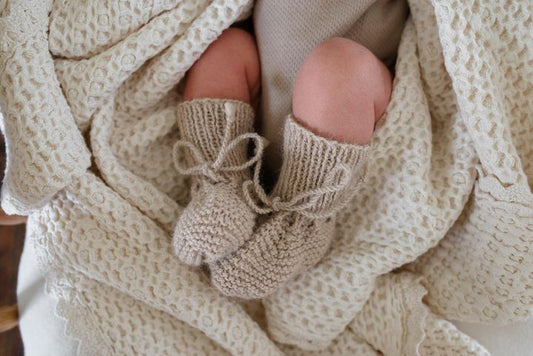 Blue Daisy Wares Heirloom Knit Alpaca Booties in Latte