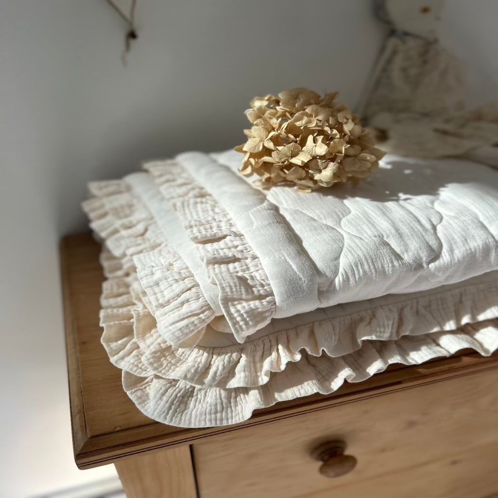 Quilted Blanket in Cream Muslin with Ruffles PRE ORDER