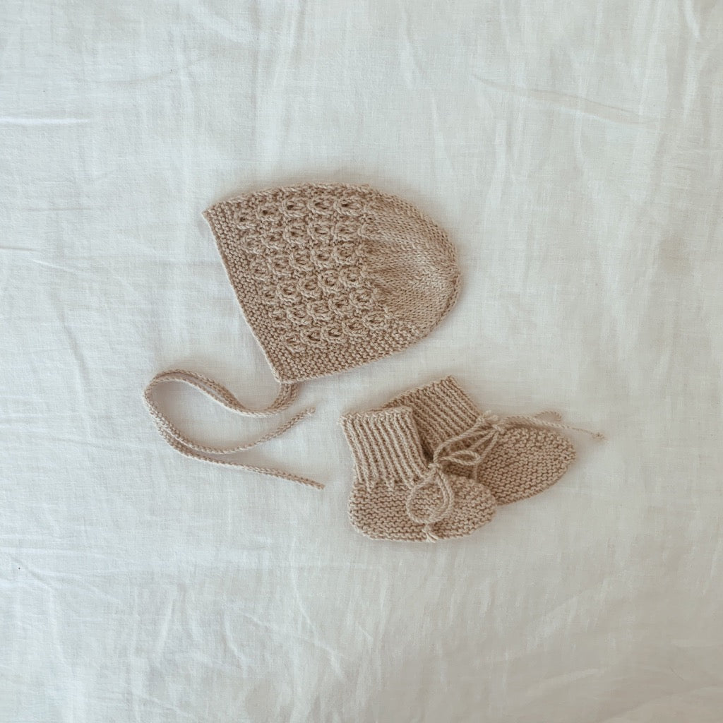Blue Daisy Wares Eden Heirloom Knit Bonnet in Latte